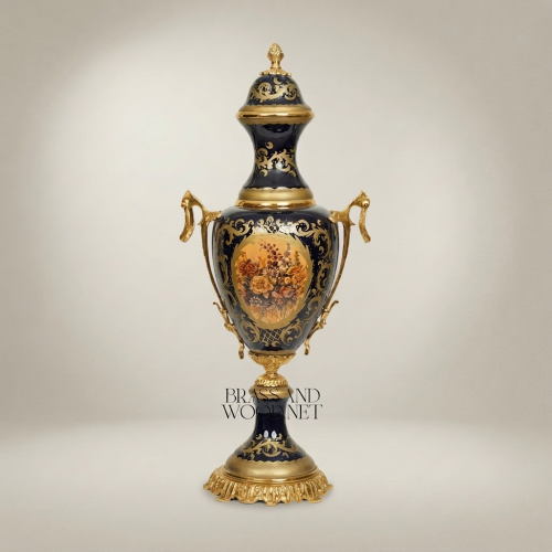 Sèvres-Style Cobalt Ceramic Covered Urn Vase with Hand-Painted Floral Medallion