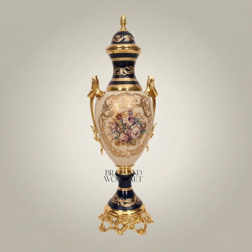 Sèvres-Style Cobalt Ceramic Lidded Urn Vase with Brass Mounts and Hand-Painted Floral Cartouche - Brass and Wood Gold Front | Brass & Wood