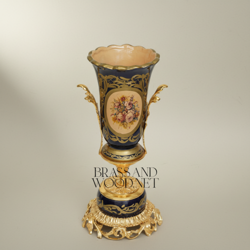 Sèvres-Style Cobalt Ceramic Trophy Vase with Gilt Brass Acanthus Mounts