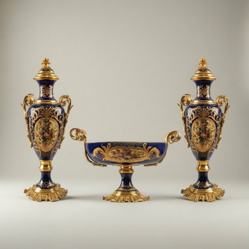 طقم غارنيتور بورسلان كوبالت على طراز سيفر مع ركائز نحاسية – لوحات زهرية مرسومة يدوياً بإطارات مذهبة