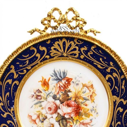 Sèvres-Style Cobalt Porcelain Decorative Wall Plate with Gilt Brass Floral Frame