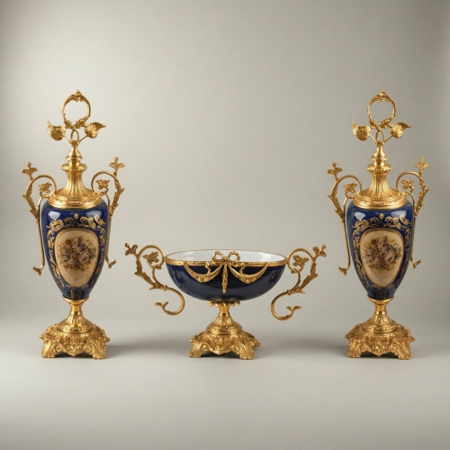 طقم فازات كلاسيكي ثلاثي على طراز سيفر – خزف أزرق كوبالت بإطارات نحاسية وميداليات زهرية محفورة