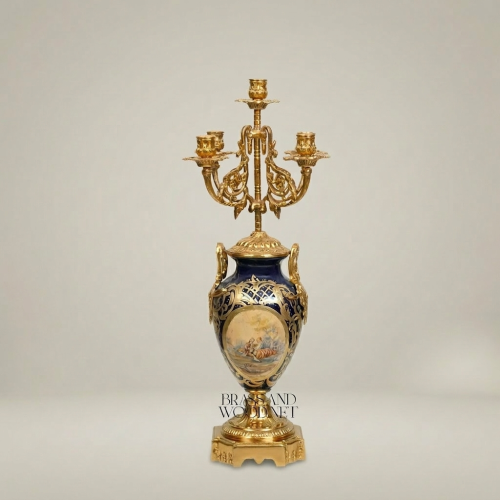 Sèvres-Style Porcelain & Brass Candelabra - Cobalt Blue Vase with 5-Arm Floral Crown