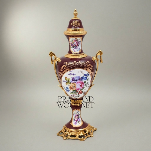 Sèvres-Style Burgundy Porcelain and Brass Garniture Three-Piece Set Hand-Painted Floral Urns Brass and Wood Gold Front | Brass & Wood