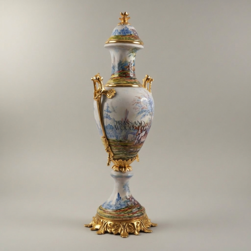Sèvres-Style Hand-Painted Porcelain Garniture Set Three Pieces Brass Mounts Scenic Landscape Urns Tazza Gold Front | Brass & Wood
