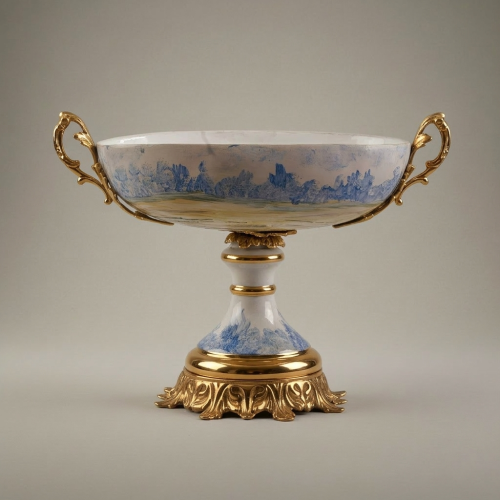 Sèvres-Style Hand-Painted Porcelain Garniture Set Three Pieces Brass Mounts Scenic Landscape Urns Tazza Gold Front | Brass & Wood