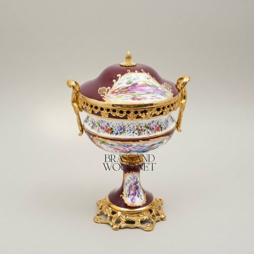 Sèvres-Style Burgundy Porcelain and Brass Garniture Three-Piece Set Hand-Painted Floral Urns Brass and Wood Gold Front | Brass & Wood