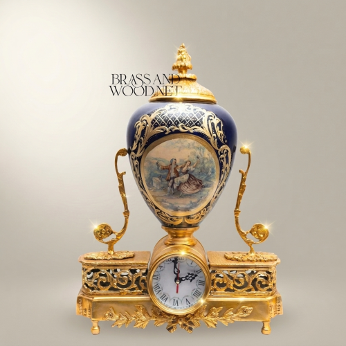 Sèvres-Style Porcelain & Brass Mantel Clock with Cobalt Urn and Fête Galante Medallion