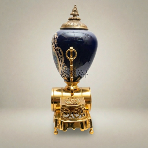 Sèvres-Style Porcelain & Brass Mantel Clock with Cobalt Urn and Fête Galante Medallion