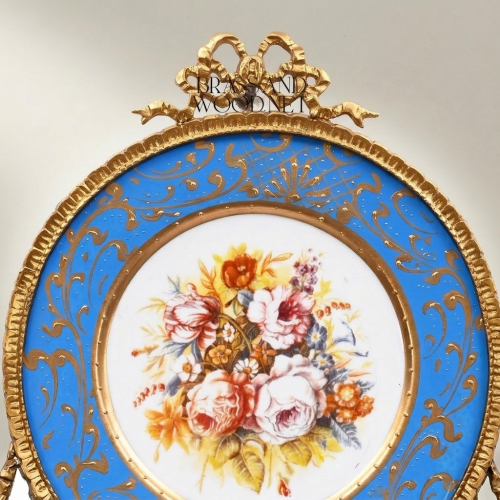 Sèvres-Style Porcelain Decorative Wall Plate with Brass Ribbon Crest