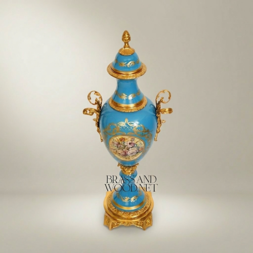 Sèvres-Style Turquoise Ceramic Lidded Urn Vase with Hand-Painted Floral Medallion and Brass Mounts - Brass & Wood Gold Front | Brass & Wood