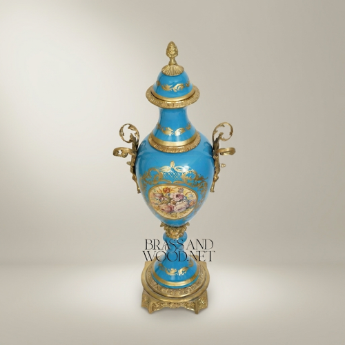 Sèvres-Style Turquoise Ceramic Lidded Urn Vase with Hand-Painted Floral Medallion and Brass Mounts - Brass & Wood Gold Front | Brass & Wood