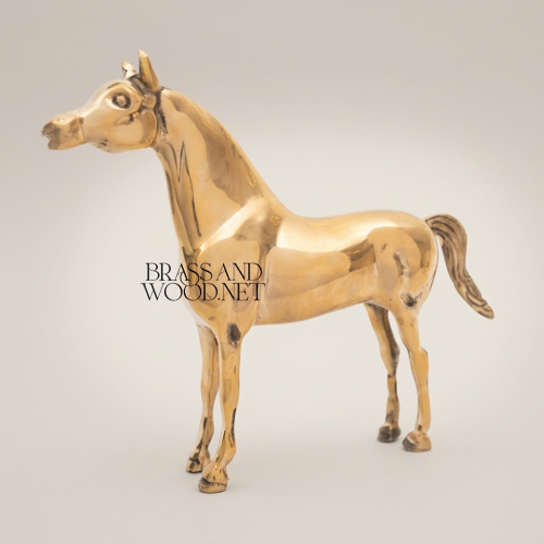 Handcrafted Solid Brass Equestrian Horse Figurine Decorative Sculpture Brass and Wood Gold Front | Brass & Wood