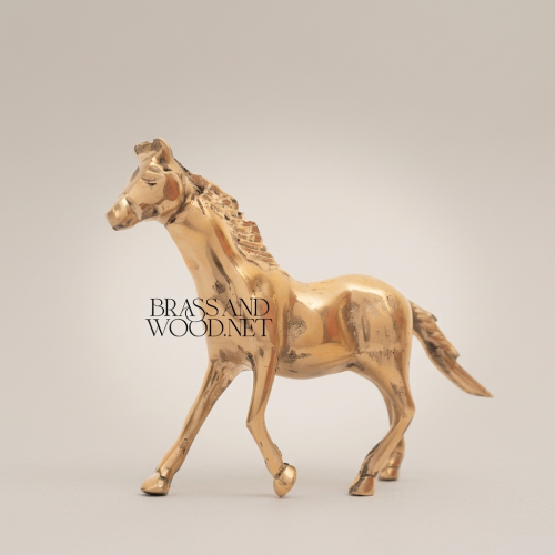 Handcrafted Solid Brass Equestrian Horse Figurine Decorative Sculpture Brass and Wood Gold Front | Brass & Wood