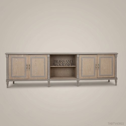 Louis XVI Neoclassical Solid Wood TV Cabinet with Antiqued Grey Finish