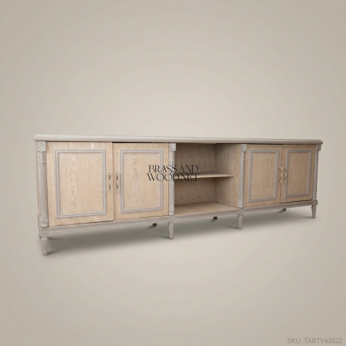 Louis XVI Neoclassical Solid Wood TV Cabinet with Antiqued Grey Finish