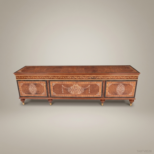 Louis XVI Neoclassical Inlaid Walnut & Brass TV Cabinet with Marquetry Panels