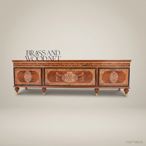 Louis XVI Neoclassical Inlaid Walnut & Brass TV Cabinet with Marquetry Panels