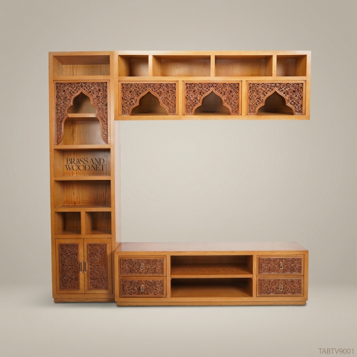 Moorish Arabesque Solid Wood TV Cabinet with Hand-Carved Arch Panels