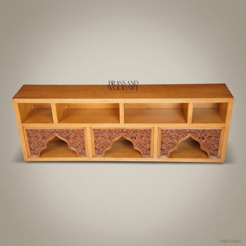 Moorish Arabesque Solid Wood TV Cabinet with Hand-Carved Arch Panels