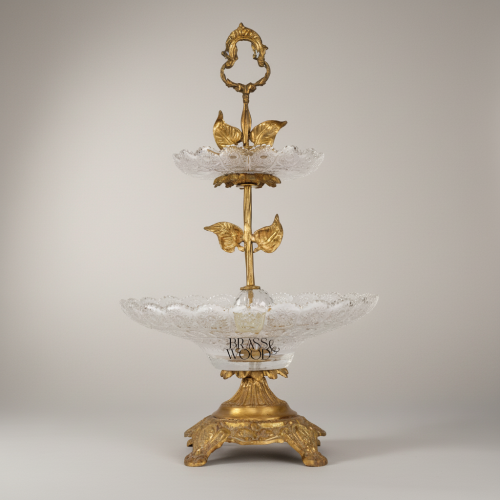 Two-Tier Crystal & Brass Étagère Stand with Leaf Collar & Scroll Handle