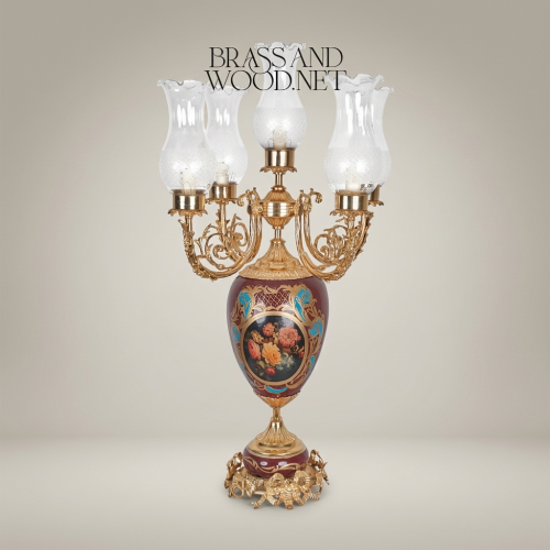 Victorian Brass and Ceramic 5-Arm Candelabra Table Lamp with Floral Painted Urn Base and Glass Shades Gold Front | Brass & Wood