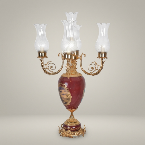 Victorian Brass and Ceramic 5-Arm Candelabra Table Lamp with Floral Painted Urn Base and Glass Shades Gold Front | Brass & Wood