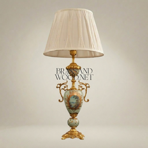 Victorian Celadon Ceramic Urn Table Lamp Hand-Painted Floral Brass Scroll Handles Cream Shade Brass and Wood Gold Front | Brass & Wood