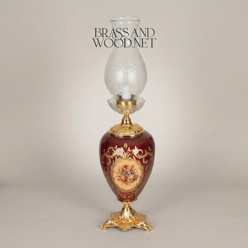 Victorian Crimson Ceramic Floral Urn Table Lamp with Crystal Glass Chimney and Brass Fittings Gold Front | Brass & Wood
