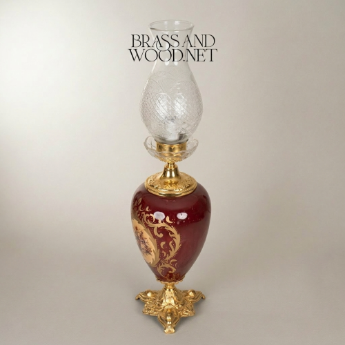 Victorian Crimson Ceramic Floral Urn Table Lamp with Crystal Glass Chimney and Brass Fittings Gold Front | Brass & Wood