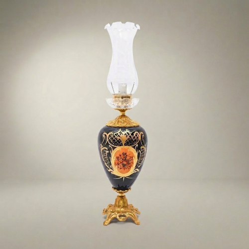 Victorian Hand-Painted Ceramic Table Lamp Ornate Brass Base Glass Chimney Shade Brass and Wood Gold Front | Brass & Wood