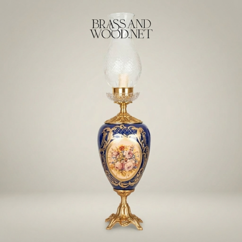 Victorian Ceramic Urn Table Lamp Floral Medallion Navy Blue Ornate Brass Base Brass and Wood Gold Front | Brass & Wood