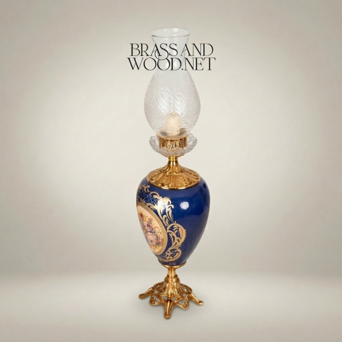 Victorian Ceramic Urn Table Lamp Floral Medallion Navy Blue Ornate Brass Base Brass and Wood Gold Front | Brass & Wood