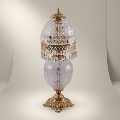 Victorian Handcrafted Crystal Table Lamp Etched Dome Brass Fringe Ornate Base Brass and Wood Gold Front | Brass & Wood