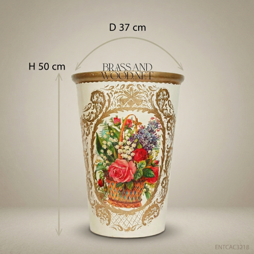 Victorian Rococo Ivory Lacquer Cachepot Hand-Painted Floral Gold Leaf Rim Brass & Wood Front View | Brass & Wood