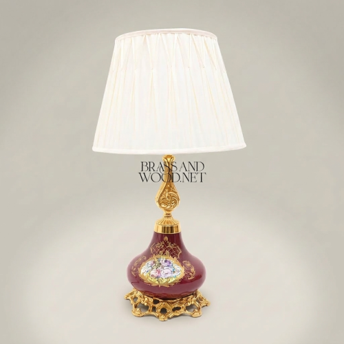 Victorian Floral Wine Ceramic Table Lamp Rococo Brass Base Pleated Off-White Shade Brass and Wood Gold Front | Brass & Wood