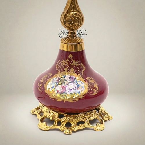 Victorian Floral Wine Ceramic Table Lamp Rococo Brass Base Pleated Off-White Shade Brass and Wood Gold Front | Brass & Wood