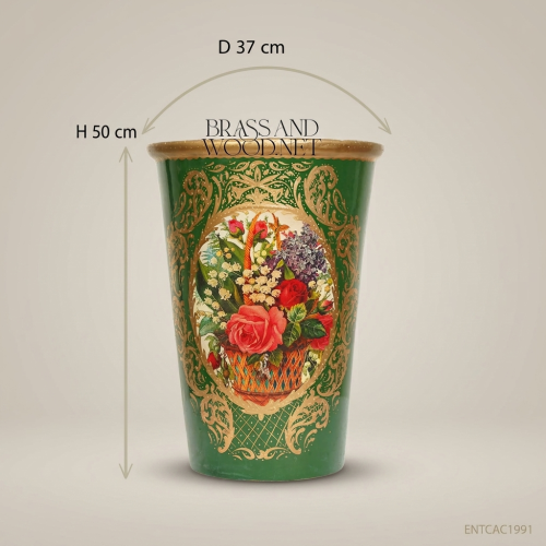 Victorian Emerald Green Gold Leaf Cachepot Floral Medallion Lacquered Planter Brass & Wood Front View | Brass & Wood