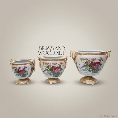 Victorian Chinoiserie Hand-Painted Porcelain Cachepot Antique Brass Swan Handles Peony Bird Motif Front View | Brass & Wood