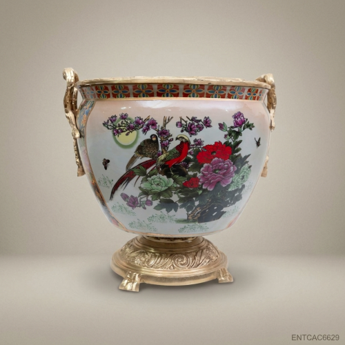 Victorian Chinoiserie Hand-Painted Porcelain Cachepot Antique Brass Swan Handles Peony Bird Motif Front View | Brass & Wood