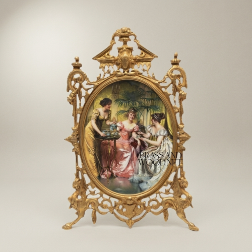 Victorian Rococo Brass Oval Frame Decorative Plate - Openwork Scrollwork with Classical Ladies Scene