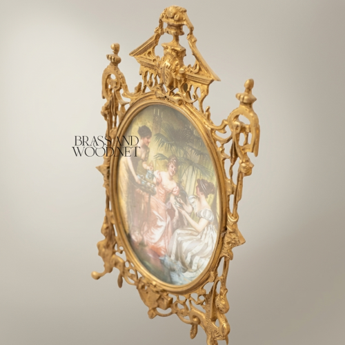 Victorian Rococo Brass Oval Frame Decorative Plate - Openwork Scrollwork with Classical Ladies Scene