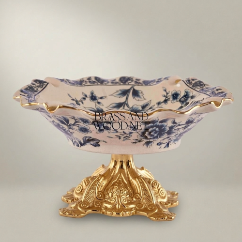 Victorian Rococo Ceramic Ashtray Blue Chinoiserie Floral Pattern Ornate Metal Base Brass and Wood Gold Front | Brass & Wood