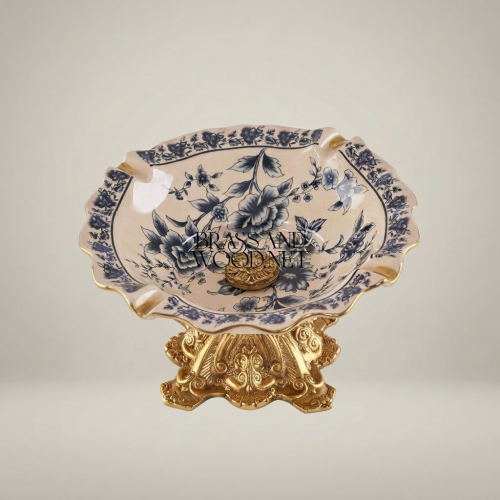 Victorian Rococo Ceramic Ashtray Blue Chinoiserie Floral Pattern Ornate Metal Base Brass and Wood Gold Front | Brass & Wood