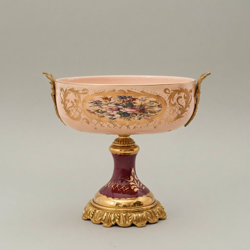 Victorian Rococo Hand-Painted Ceramic Pedestal Tazza Floral Medallion Brass Mounts Gold Front | Brass & Wood