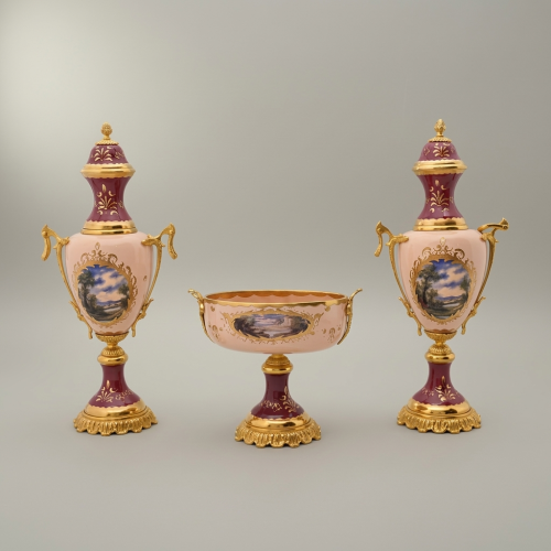 Victorian Rococo Hand-Painted Ceramic Pedestal Tazza Floral Medallion Brass Mounts Gold Front | Brass & Wood