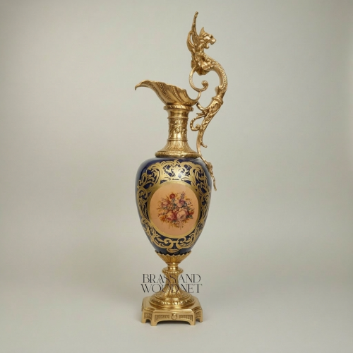 Victorian Rococo Cobalt Ceramic Ewer Vase with Dragon Handle & Floral Medallion