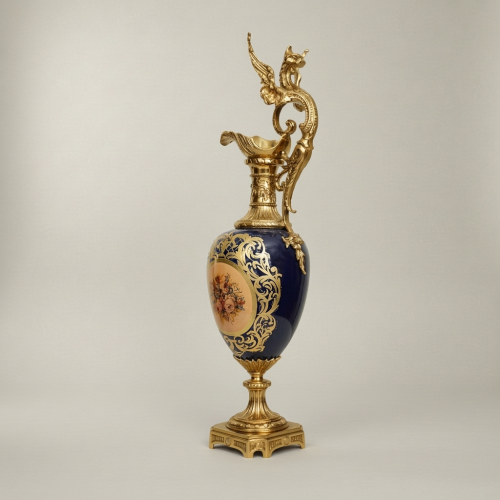 Victorian Rococo Cobalt Ceramic Ewer Vase with Dragon Handle & Floral Medallion