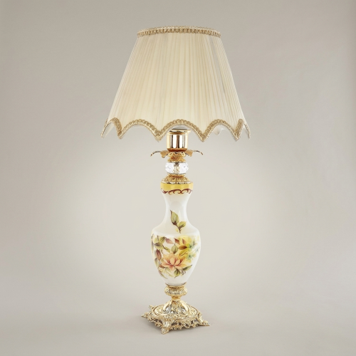 Victorian Rococo Hand-Painted Floral Ceramic Table Lamp with Ornate Brass Base & Pleated Shade