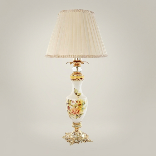Victorian Rococo Hand-Painted Floral Ceramic Table Lamp with Ornate Brass Base & Pleated Shade